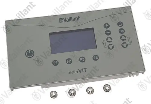 Vaillant Bedienelement mit Tasten und Display zur Steuerung von Heizsystemen, inklusive Schrauben zur Montage.